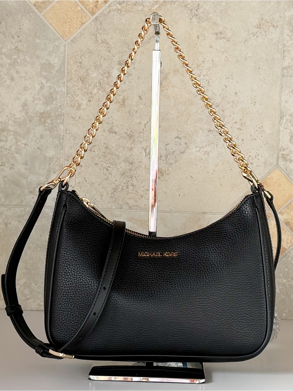 Michael Kors Jet Set Travel Lg Pouchette Shoulder Chain Crossbody Bag Black